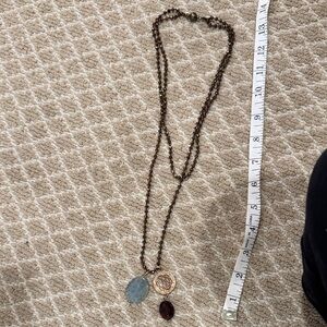 Elegant Brown Beaded Necklace with Blue and Red Pendants with magnetic closure